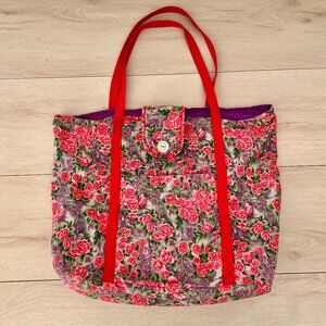 Vintage Quilted Cotton Fabric Large Tote Bag Red Rose Floral Pattern 19"x15"
